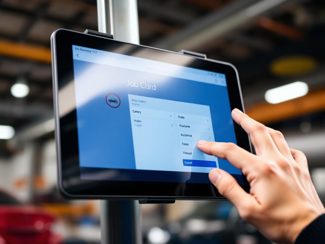 Tablet showing a LaneOps job card in a workshop