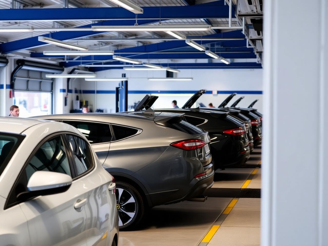 Row of vehicles in a clean modern MOT bay